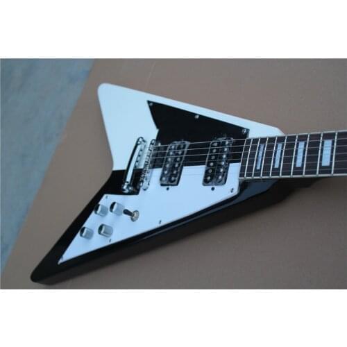 Custom 6 string guitar,irregular white black guitar,fixed bridge HH pickups,chrome button,V shape guitar