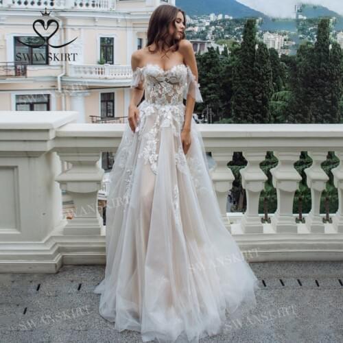 Romantic Lace Wedding Dress 2021 Boho Appliques A-line Illusion Princess Bridal Gown SwanSarah GY04 Customized Vestido De Noiva