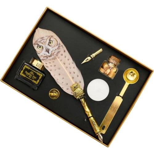 Retro Calligraphy Quill Owl Feather Dip Pen with Nib Wax Seal Stamp Gift Box Stationery School Supplies