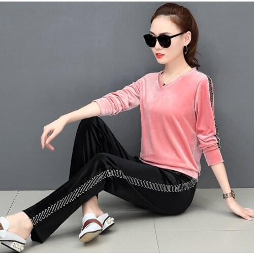 Spring / Fall Womens Brand Gold velvet fabric Tracksuits Velour suit women Track suit Hoodies and Pants Pink 3XL