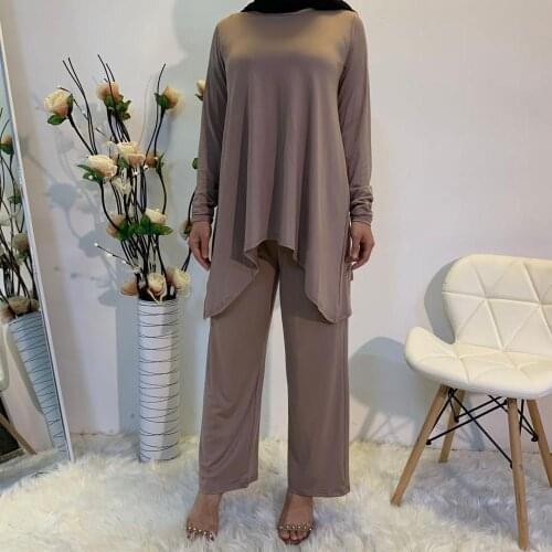 High Quality smooth fabric Muslim suits female Solid Color Two-pieces Tops + elastic waist Pants Singapore Turkey Clothing F1883