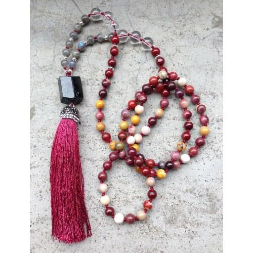 YA2382 Tourmaline Pendant Tassel Labradorite Tiger eye Stone Beads Knot Handmade Necklace 30-32inch long