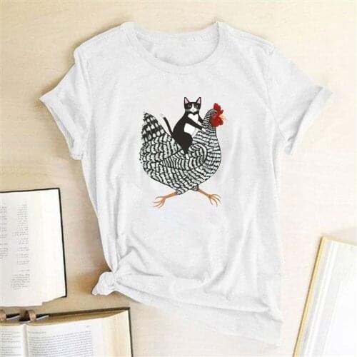 Cat riding chicken 3D printed short-sleeved funny mens and womens T-shirts, summer new products and leisure O-neck wild street