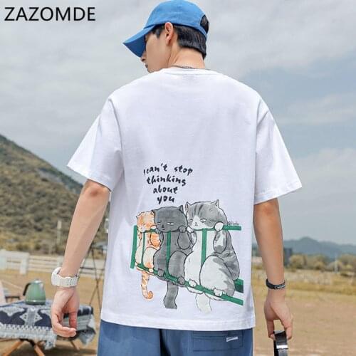 ZAZOMDE 2021 Hip Hop T Shirt Men Japanese Ukiyo Cat T-shirt Harajuku Streetwear Tshirt Casual Short Sleeve Summer Tops Tee