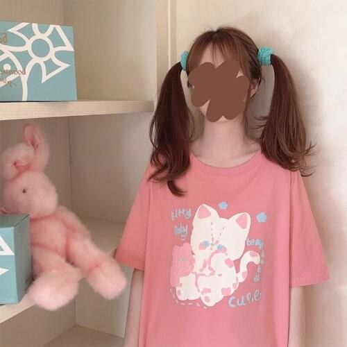 Y2k Loose O-Neck Women T-Shirt Sweet Cartoon Kawaii Cat Print Tees Japanese Soft Girly Short-Sleeve Cute Top 2021 New Costume