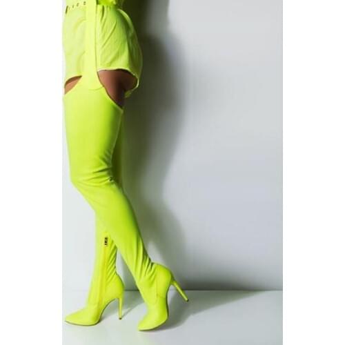 Lemon Yellow Woman Pointed Toe Sexy Night Cub Zipper Belts Buckles Pants Boots Over The Knee Long Thigh Dance Boots Lady