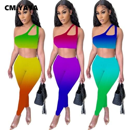 CM.YAYA Women Set Gradient Color Sleeveless One Shoulder Hollow Out Crop Tops Sheath Elastic Mid Waist Pants 2 Piece Set Summer
