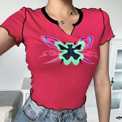 Women\s Casual Short Sleeve Ruffled T-shirt Fashion Butterfly Printing V-neck Exposed Navel Tops