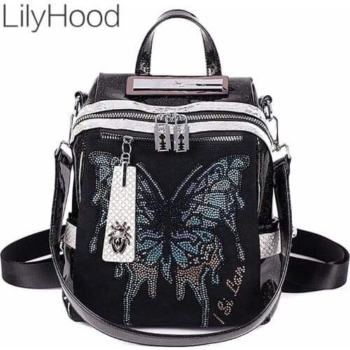 Lady Rhinestone Butterfly Feminine Backpack Women Fashion Artificial Leather Diamonds Big Capacity Daily Everyday Daypack Bag