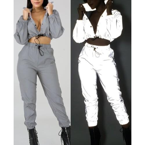 Women Tracksuit 2 Piece Set Hip Hop Reflective Crop Top Pants Fashion Female Loose Button Jacket Coat Matching Sets Plus Size
