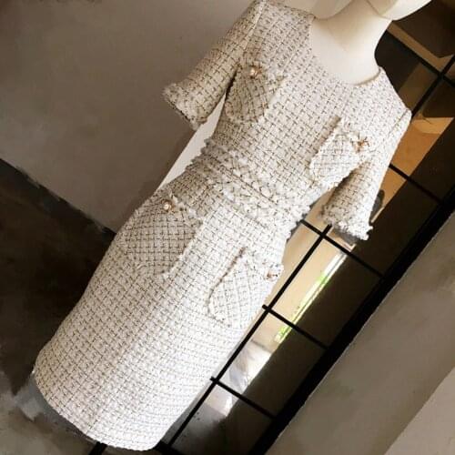 2019 Spring Autumn Winter Women Lurex Plaid Weaving Tweed Dresses O-neck Buttons Pockets Elegant Celebrity Bodycon Dress Y287