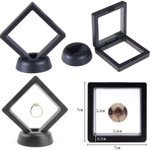 1 Set 70*70mm Black Plastic 3D Floating Jewelry Coin Display Frame Holder Box Case With Stand