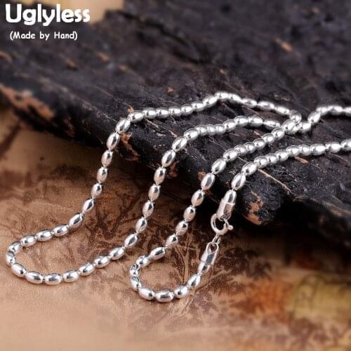 Uglyless Glossy Silver Rice Beads Necklaces for Women Men Unisex 2MM Thin Chains Real 925 Sterling Silver Jewelry Accessory C103