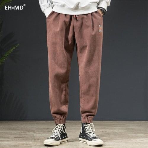 EH·MD® Elastic Waist Lace-up Jeans Mens Tie Feet High Elasticity Large Size Embroidered Text Art Loose Harem Pants Thick 2021