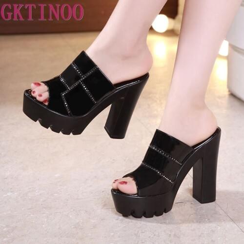 GKTINOO Open Toe Leather Platform Shoes Woman Summer Slippers 2020 High Heels Slides Ladies Office Slipper White Plus Size 34-43