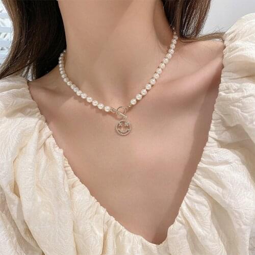Korean Fashion Pearl Bead Choker Necklace for Women Girl Crystal Smile Face Pendant Clavicle Neck Chain Collar Kpop Jewelry Gift