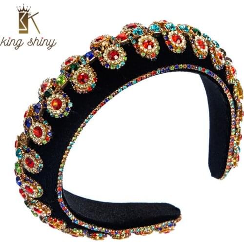 King Shiny Luxury Baroque Multi Color Rhinestone Headband Vintage Sparkly Crystal Beaded Thick Sponge Hairband Girls Party Bezel