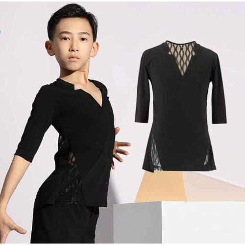 2021 Latin Dance Summer Men Half Sleeve Dance Costume Boys Dance Tops Mesh Sexy Ballroom Dance Clothing Dance Competition G5052