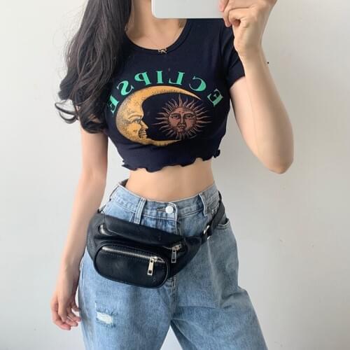 Cool cool ladies short round neck top women fashion cartoon sun and moon print top street trend t-shirt hip-hop