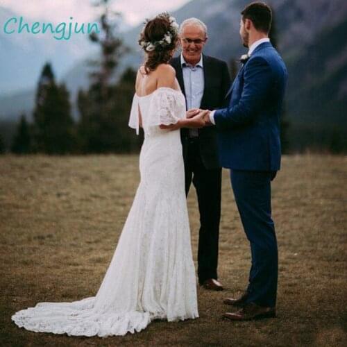 Chengjun Boat Neck Lace Sheath Boho Wedding Dress