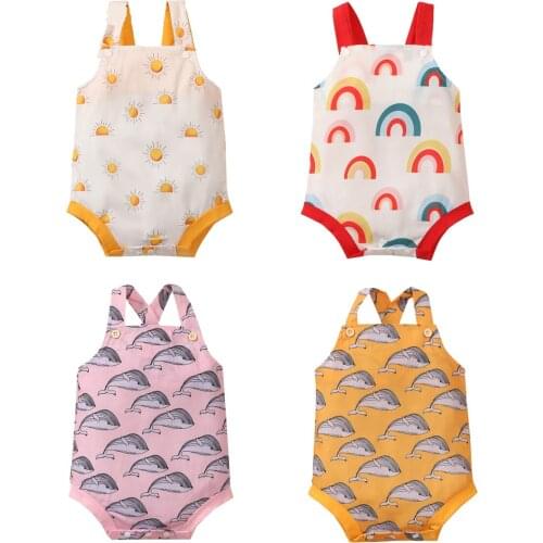 0-18M Cute Newborn Baby Summer Sleeveless Romper Kids Boys Girls Sun/Rainbow/Shark Print Boat Neck Playsuit Cotton Outfit
