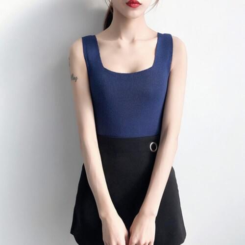 Sleeveless Pullover Knitted Crop Tank Top Womens Sexy Square Collar Solid Tops