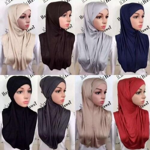 Ramadan Muslim Hijab Soft Stretch Head Scarf Long Tube Inner Hats Underscarf Cap Hood Woman 2 Piece Solid Color Amira Islamic