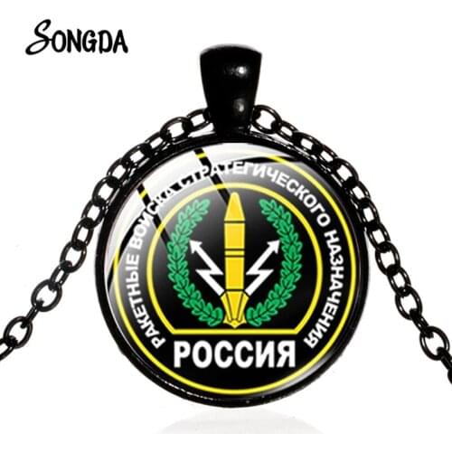 Russian Troops Rocket Force Necklace Gun Tank Car Troops Crystal Glass Cabochon Pendant Black Plated Metal Long Chain Necklace