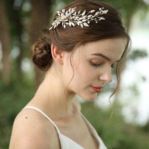 Light Gold Color Leaf Women Barette Bridal Hair Clip Pearls Jewelry Hand wired Wedding Prom Hair Piece Oranment