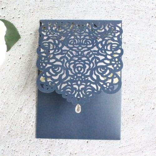 Navy blue wedding invitations rose laser diamond decor rustic invite wedding pocket 50pcs