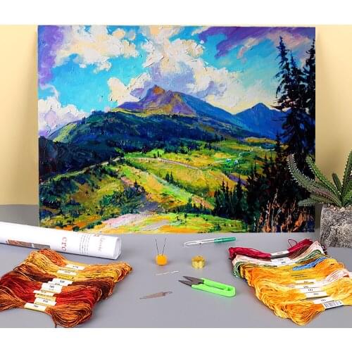 Landscape Summer In The Mountains Printed Fabric 11CT Cross Stitch Embroidery Set DMC Threads Needlework Hobby Stamped