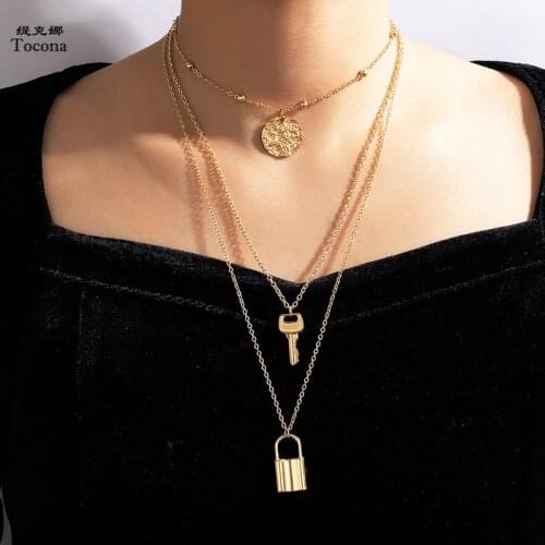 Tocona New Trendy Lock Pendant Necklace for Women 2021 Gold Color Multi-layer Key Geoemtric Love Jewelry Accessories 17627
