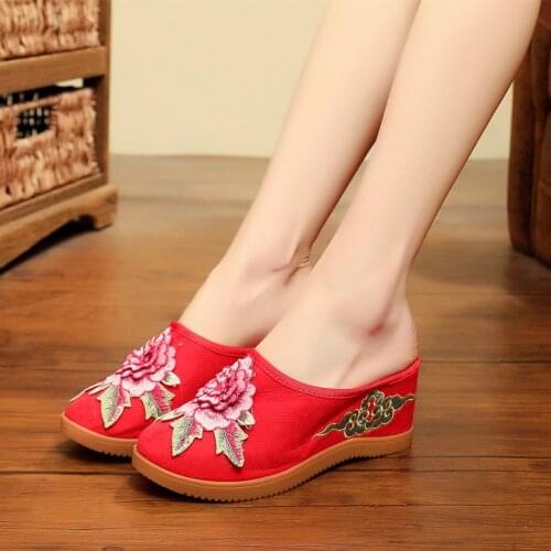 Ethnic Style Embroider Wedges Canvas Slippers for Girls Red Black Platform Shoes Half Slippers Casual Womens Heels Oxfords