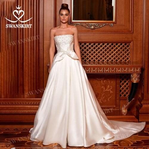 Gorgeous Pearls Wedding Dress 2022 Sleeveless Bow Satin A-Line Court Train Princess Vestido De Novia SwanSarah P176 Bridal Gown