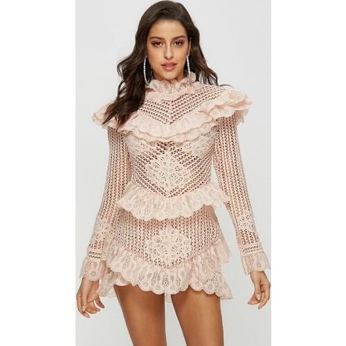 High End Women See-Through Lace Dresses Long Sleeve Stand Collar Slim sexy Dress Female Spring 2020 Fashion Chic Ladies Dress