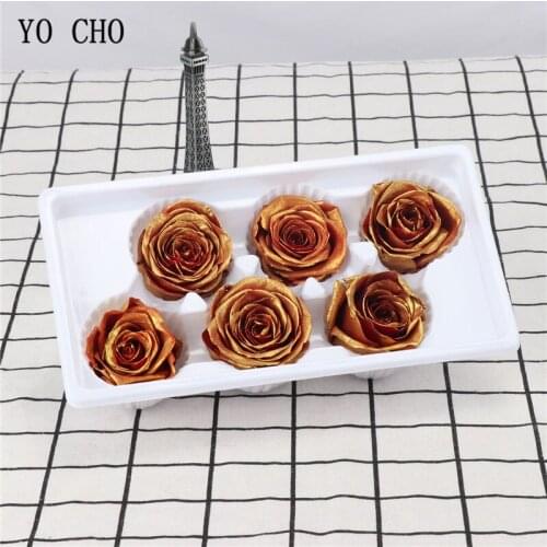 YO CHO 6 Heads Real Rose Flower Preserved Fresh Flower Golden Immortal Rose Gift Box Valentine Birthday Wedding Anniversary Gift