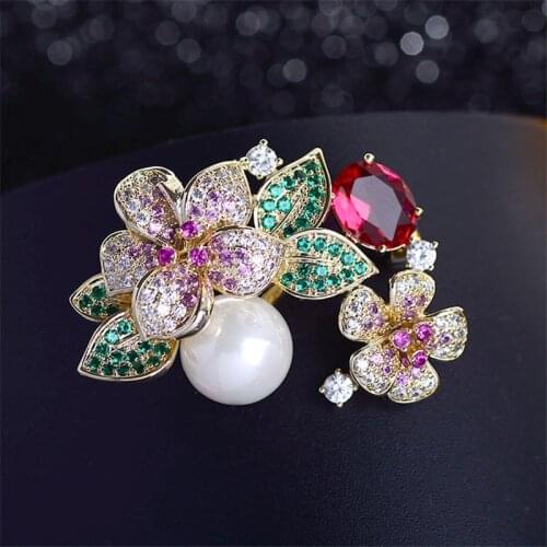 OKILY Luxury Cubic Zirconia Flower Brooch Pin for Womens Fashion Peony Pearl Brooches Pins Coat Jewelry New Year Gift 2021