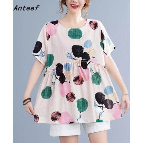 Cotton linen vintage floral casual loose summer tee t shirt women t-shirt ladies tshirt 2021 tops streetwear clothing
