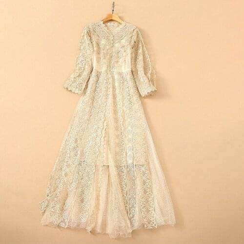 European and American womens wear for summer 2021 Long-sleeved v-neck Lace butterfly embroidered fashion dress
