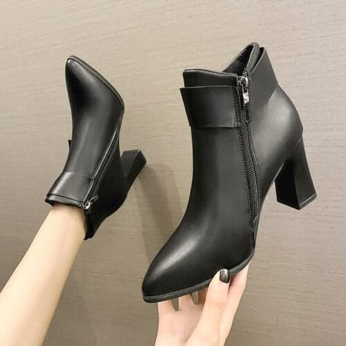 6/8cm High Heels Sexy Winter Shoes Women Pointed Toe Ankle Boots Woman Pumps Fashion High Heels Leather Boots Femme Block Heels