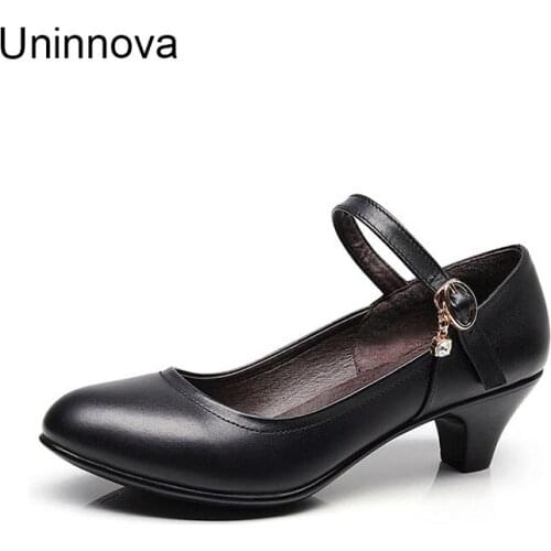 Womens Genuine Leather Mary Janes Office Career Med High Heels Pumps Comfortable Casual/Working Court Shoes Uninnova WP128