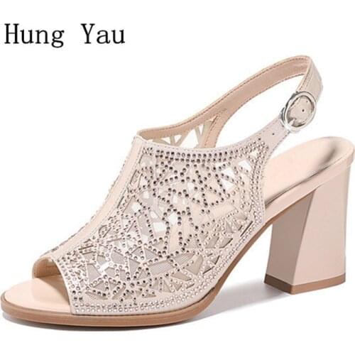 Woman Sandals Shoes 2019 Summer Style Peep Toe Pumps High Heels Thick Hollow Sexy Women Fashion Bling Breathable Buckle Strap