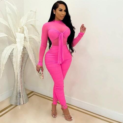 VAZN 2021 Top Quality Mesh Fabric See Through Lady Young Free Casual Daily Full Sleeve Bandage Women Jumpsuits