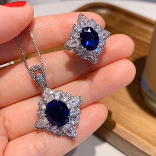 Vintage 925 Sterling Silver Sapphire Tanzanite Gemstone Rings Pendant Necklace High Carbon Diamond Party Jewelry Sets For Women