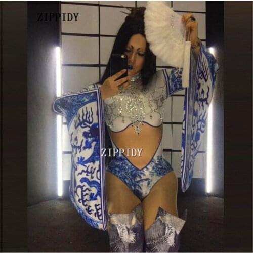 Sexy Silver Glisten Rhinestone Chinese Blue And White Porcelain Print Bodysuit Female Singer Stage Show Wear One-piece Costume