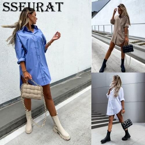 SSEYRAT 2021 Women Lapel Long Sleeve Autumn Shirt Loose Dress Fashion Casual Solid Work Office Vestidos