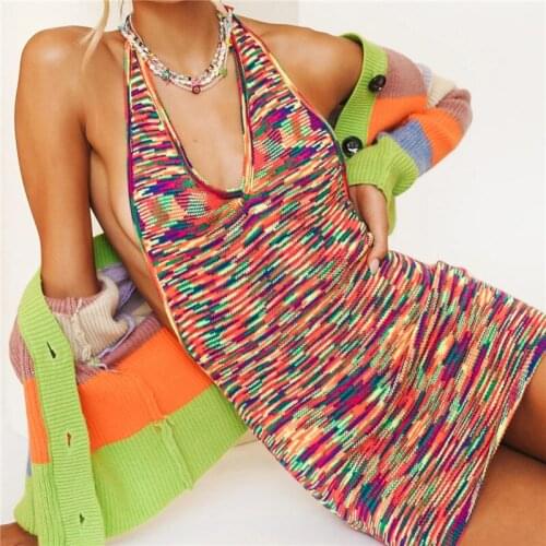 Deep V-Neck Knitted Dress For Women Hollow Out Halter Backless Bodycon Vestidos Summer Beach Sleeveless Sexy Mini Dresses L008