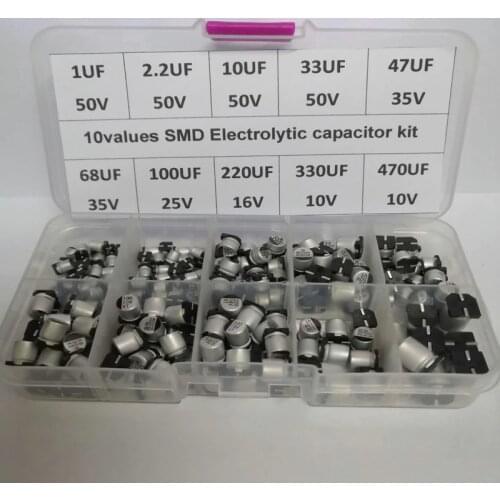 10values 200Pcs SMD Electrolytic Capacitor Assorted Kit 10V~50V 1uF~470uF With Storage Box