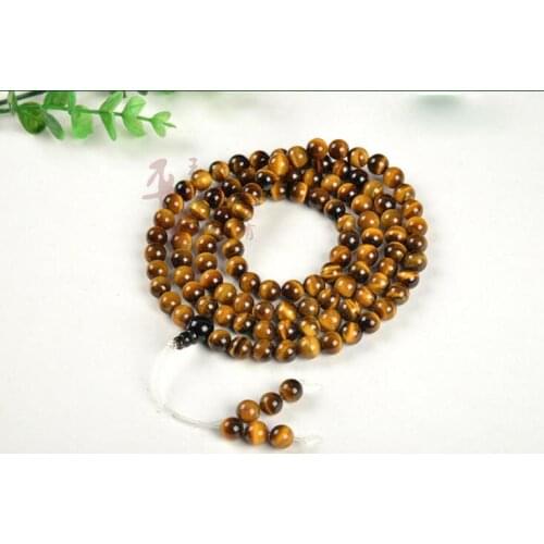108 Tibetan Buddhist Mala Natural Tiger Eye Gem Stone Bead Dual-use Necklace Bracelet Wrapped Wood Prayer for Meditation
