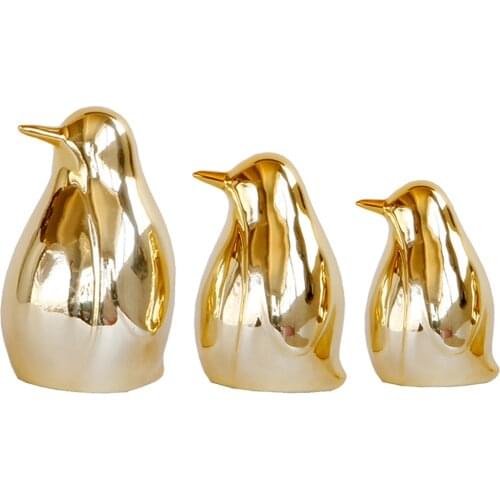 3Pcs Decorative Ceramic Animal Penguin Figurine, Gold Penguin Sculpture for Home Garden Furniture Desktop - S & M & L
